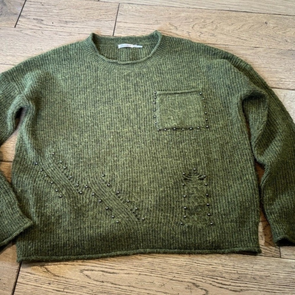 Esqualo Olive Green Knit Sweater with Studded Embellishments - Size M (1233)